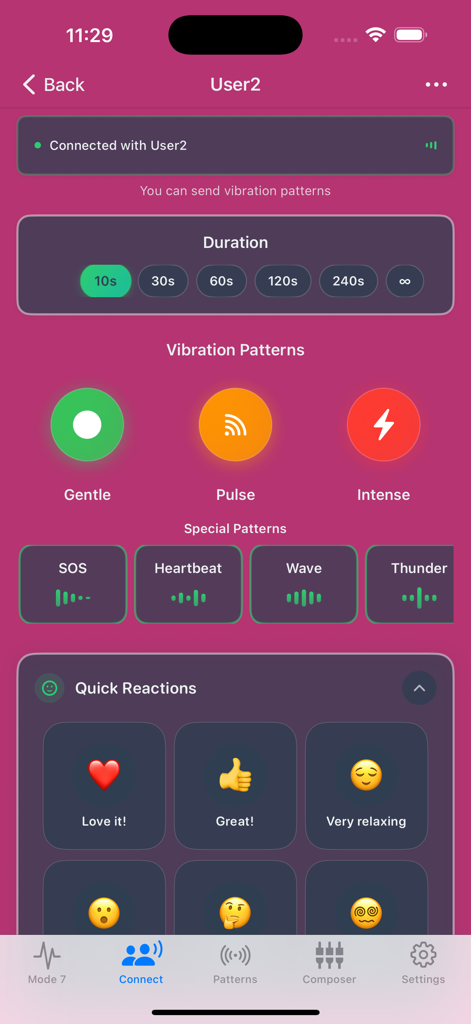 VibraTool - Vibrator Too‪l‬ - VibraTool app interface showing remote connection features for sharing vibration patterns and haptic control between devices