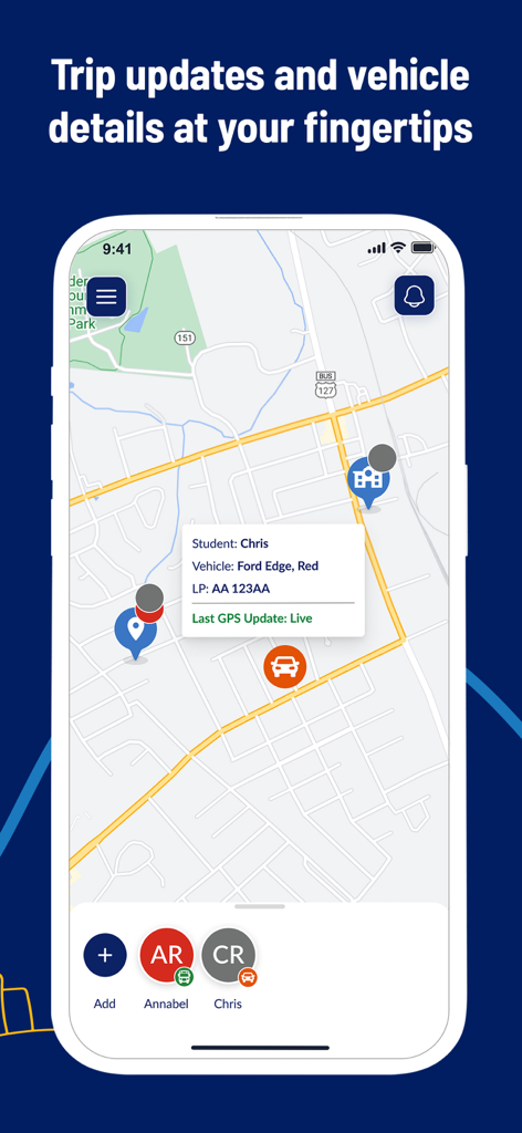 Real-time map view of the First View app showing a student transport vehicle location and trip details