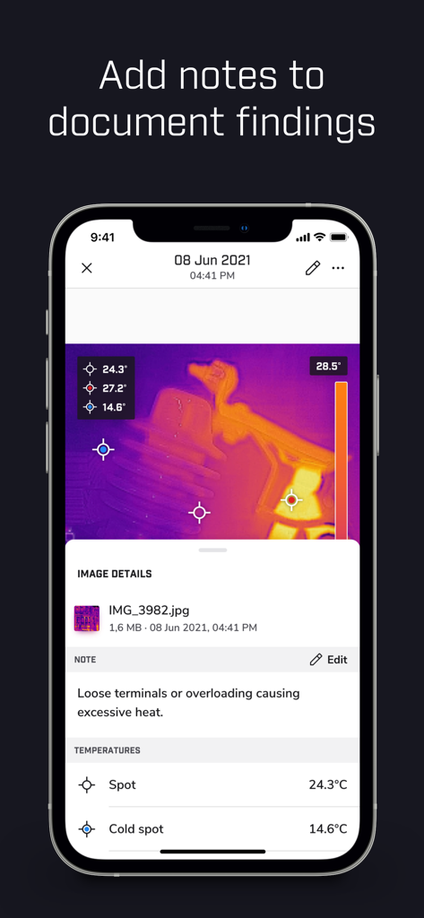 Interfaz de la aplicación FLIR ONE que muestra una imagen térmica con notas de inspección y datos de temperatura