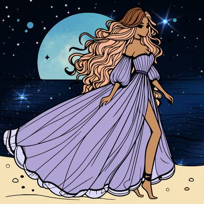 beautiful woman with a vaporous long dress walking on the beach at the noon, detailed art