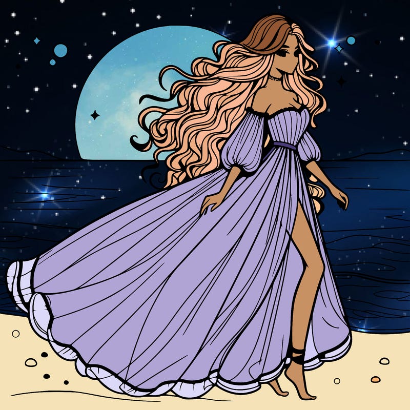 beautiful woman with a vaporous long dress walking on the beach at the noon, detailed art