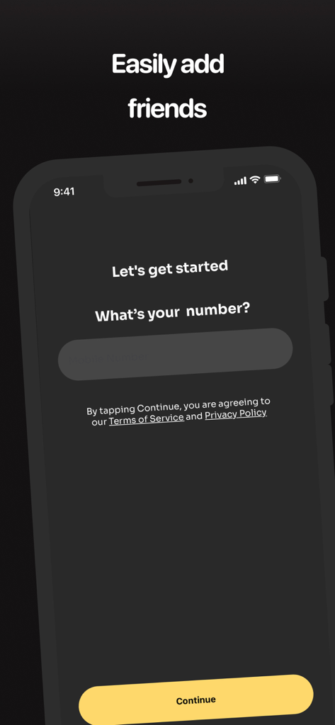 Comet: Live Friends Widget - Tela de integração do aplicativo Comet: Widget de Amigos em Tempo Real pedindo um número de telefone em uma interface minimalista escura.