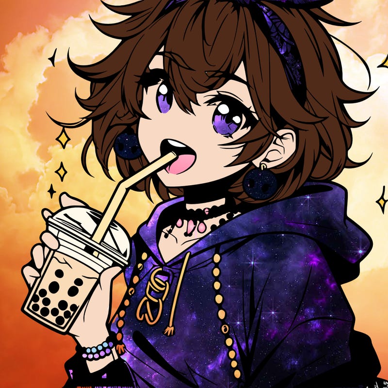 hot baddie anime girl drinking boba and biting the straw