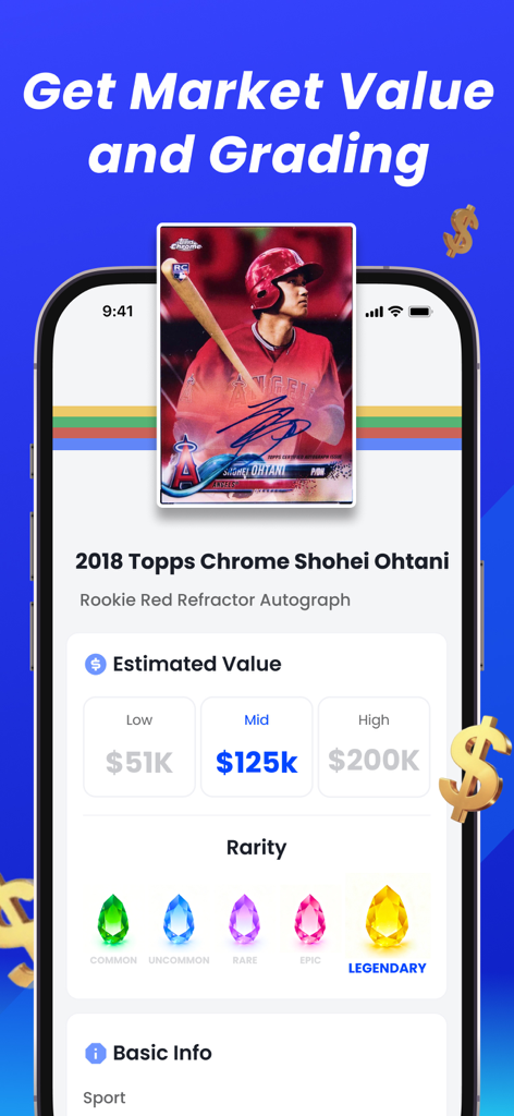 Cardly: AI Sports Card Scanner - Cardly app interface showing market value and rarity for a Shohei Ohtani sports card