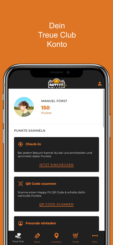 Happy Fit - Tela do smartphone mostrando o programa de fidelidade Happy Fit com pontos do usuário e opções de check-in