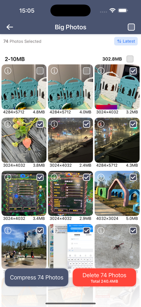 Clean Master - Manage Photos - Pantalla de la aplicación Clean Master para gestionar archivos grandes con opciones de eliminar y comprimir.