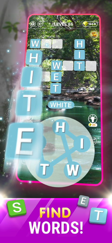 Gameplay of the word puzzle mode in No Wifi Games showing a crossword layout and letter wheel over a nature background