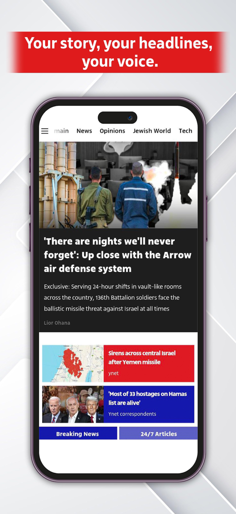 Capture d'écran de l'interface de l'application d'actualités d'Israël Ynetnews affichant les nouvelles de dernière minute et les gros titres sur Israël