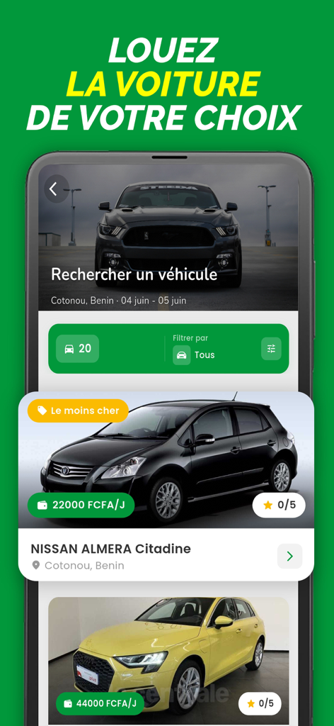 RMobility Afrique - Mobile App-Oberfläche für RMobility Afrique, die Mietwagenoptionen in Cotonou, Benin, mit Preisen und Fahrzeugtypen anzeigt.