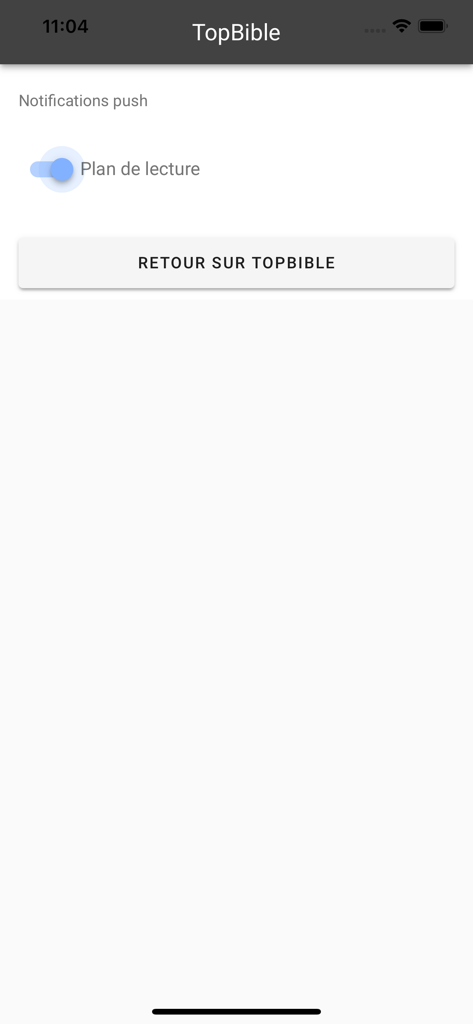 TopBible - Notification settings screen for TopBible app showing push notification toggle for reading plans
