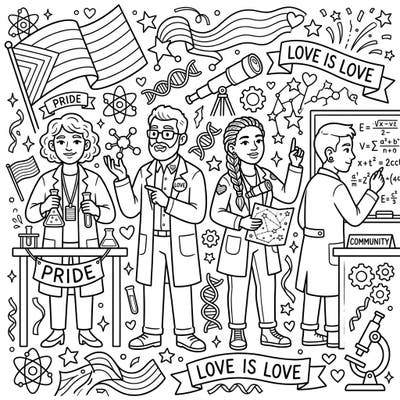 Honor groundbreaking scientific minds and the spirit of Pride with this unique coloring page. Discover a world where discovery and diversity shine bright, ready for your creative touch.
