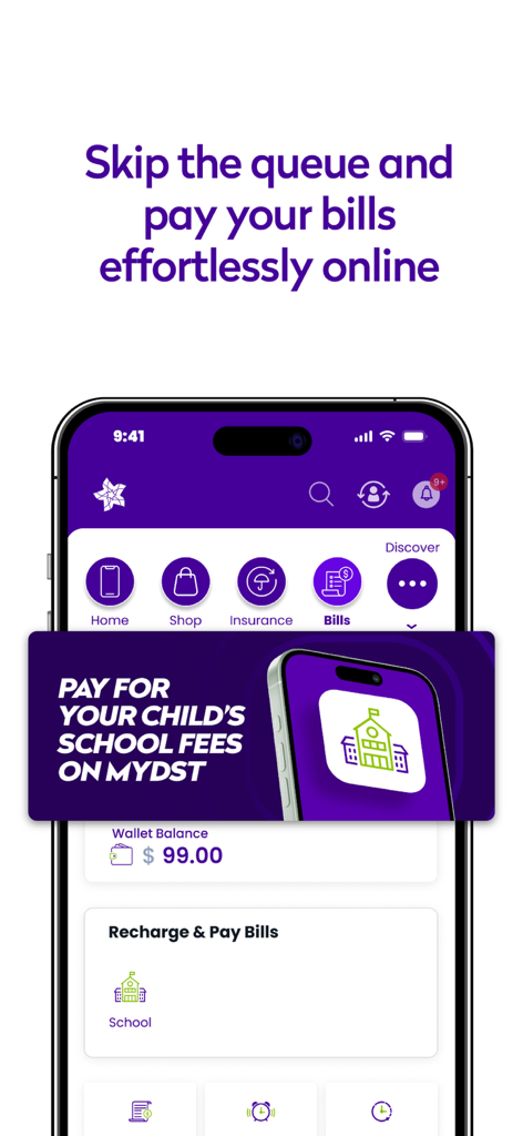 MyDST - MyDST app interface showing features for paying bills and school fees online