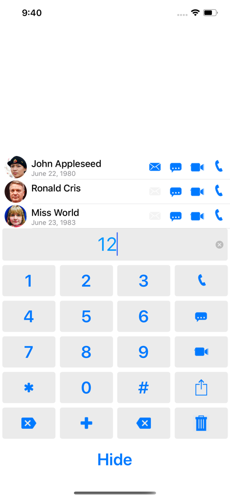 Mobile interface of Contact Pro showing a contact list with quick call and message icons above a numeric dialer keypad