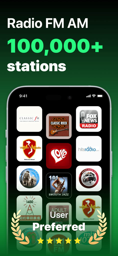 Écran de l'application Radio FM montrant une grille de logos de stations, y compris actualités et musique, avec une note utilisateur de cinq étoiles