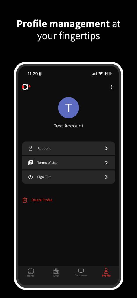 The profile management interface of the adesa plus app showing account options and user settings