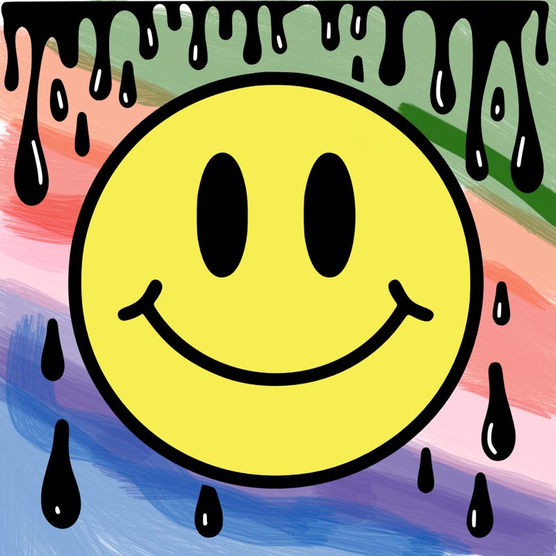 smiley face with drippy black and white background