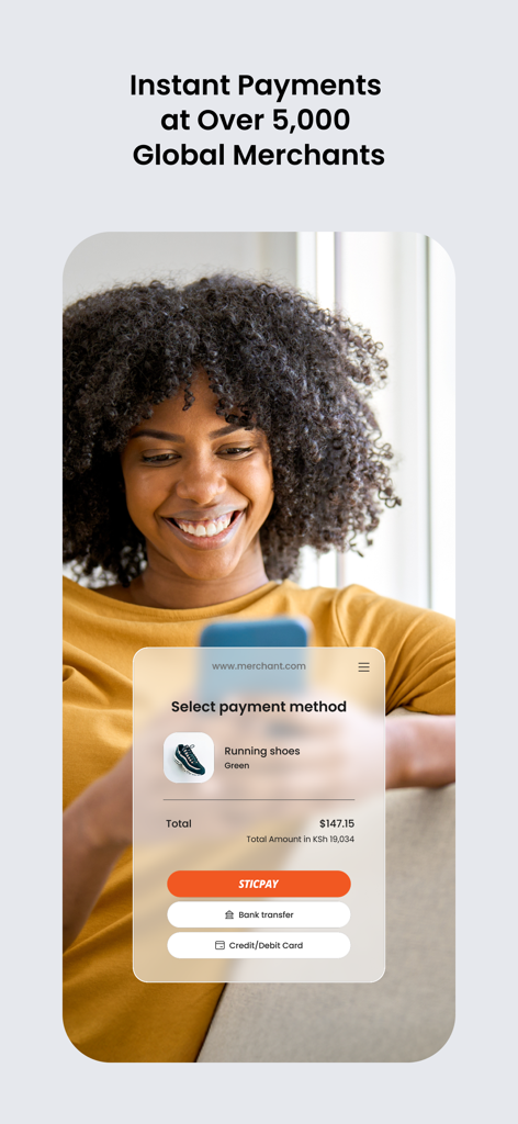 STICPAY - 여성이 STICPAY 앱을 사용하여 즉시 온라인 판매자 결제