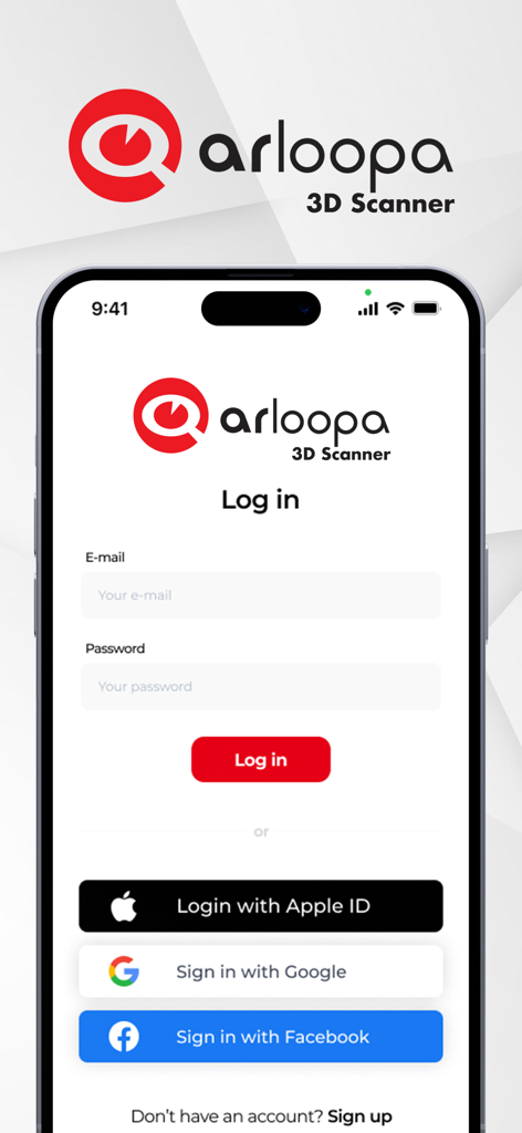 ARLOOPA 3D Object Scanner - Tela de login do ARLOOPA 3D Scanner com campos de e-mail e senha e opções de login social para Apple, Google e Facebook