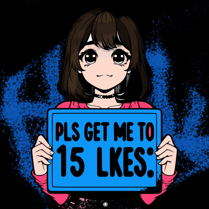 realistic girl holding up a sign that says “pls get me to 15 likes!”