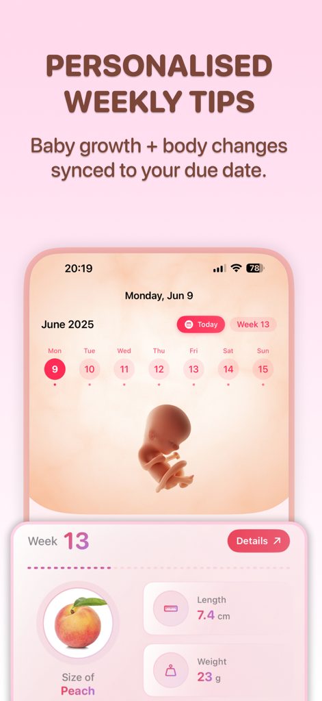Wombly app interface showing a 13-week baby growth tracker with size comparison to a peach