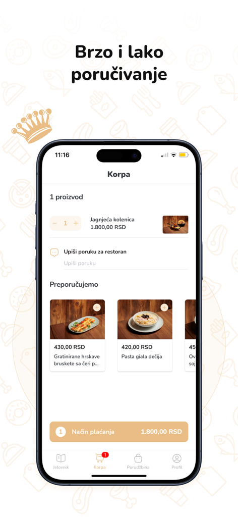 Basch House 1887 - Shopping cart screen of the Basch House 1887 food delivery app showing a lamb shank order and recommended dishes.