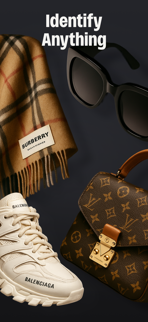 The Thrift AI－Profit Αρρ - A promotional graphic showing luxury resale items like a Burberry scarf and Louis Vuitton bag with the text Identify Anything