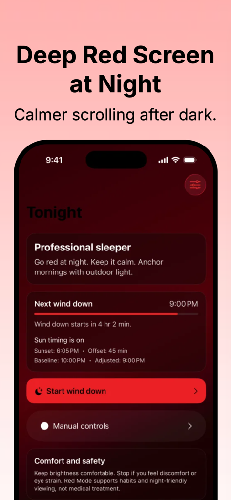Red Mode: Red Screen Night - Interface of the Red Mode app showing a deep red screen and wind down settings for nighttime scrolling.