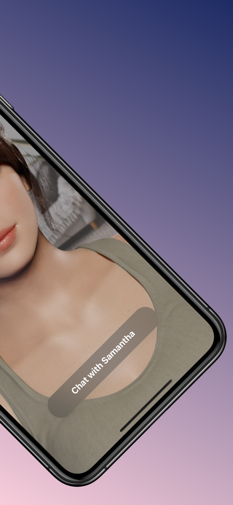 AI Therapist: Samantha - Smartphone screen featuring the 3D AI character Samantha and a chat button.
