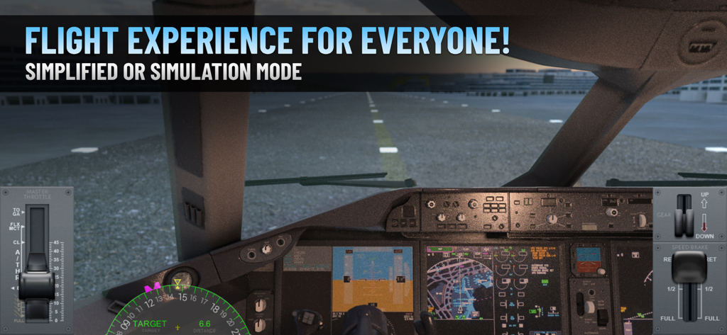 Airline Commander: Flight Game - First person cockpit view on a runway with text highlighting simplified and simulation flight modes
