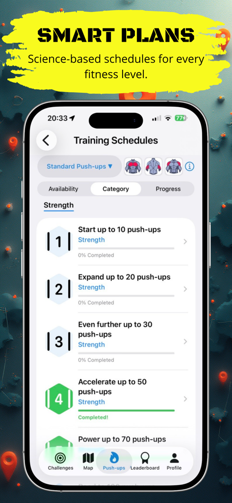 Pantalla de la aplicación Push Up Legends que muestra varios horarios de entrenamiento de flexiones y niveles de progreso.