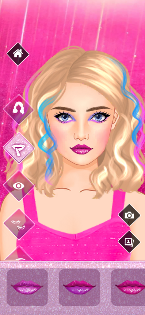 Sparkle Me - Makeover game - Sparkle Meゲームで、ブロンドで青い streaks の髪のキャラクターが、きらめくピンクのリップスティックを選択している様子