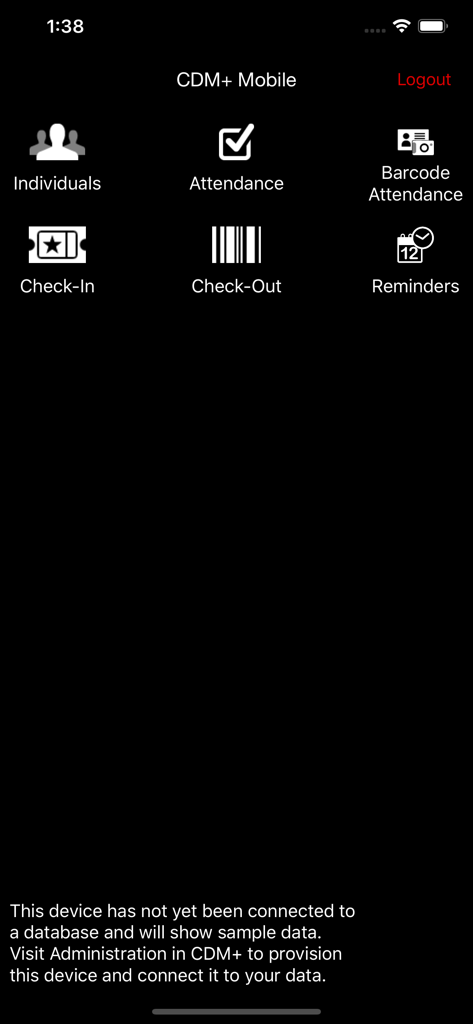 El panel principal de la aplicación CDM Plus Mobile que muestra opciones de menú para individuos, asistencia y funciones de registro