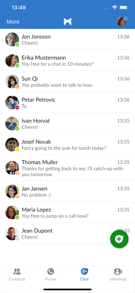 MaX UC - MaX UC app chat interface showing a list of professional contacts with presence status and recent messages