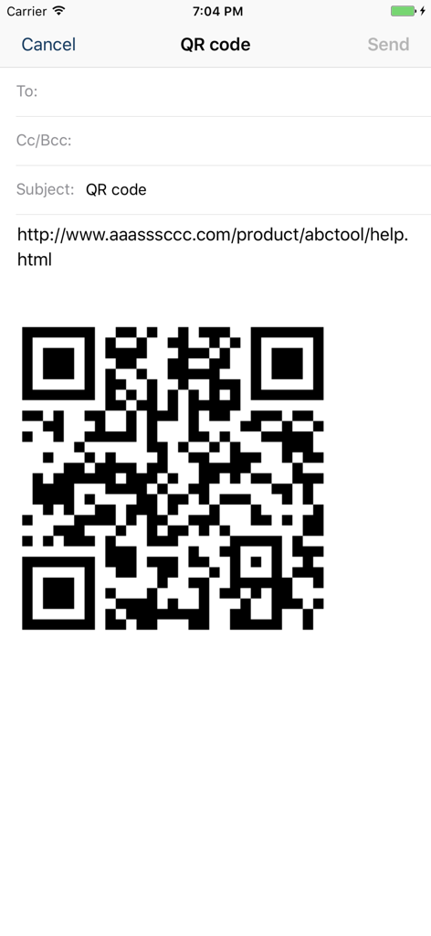 QROX+: QR code Generator - Screen showing an email draft with a generated QR code and a web link