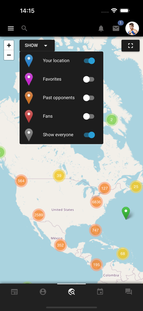 MeetFighters - Interactive world map feature in the MeetFighters app displaying member locations and match filters.