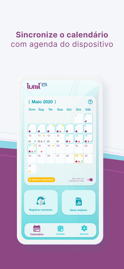 Iumi ES - Pantalla del calendario de la aplicación Iumi ES que muestra el seguimiento de anticonceptivos y las opciones de sincronización del dispositivo.
