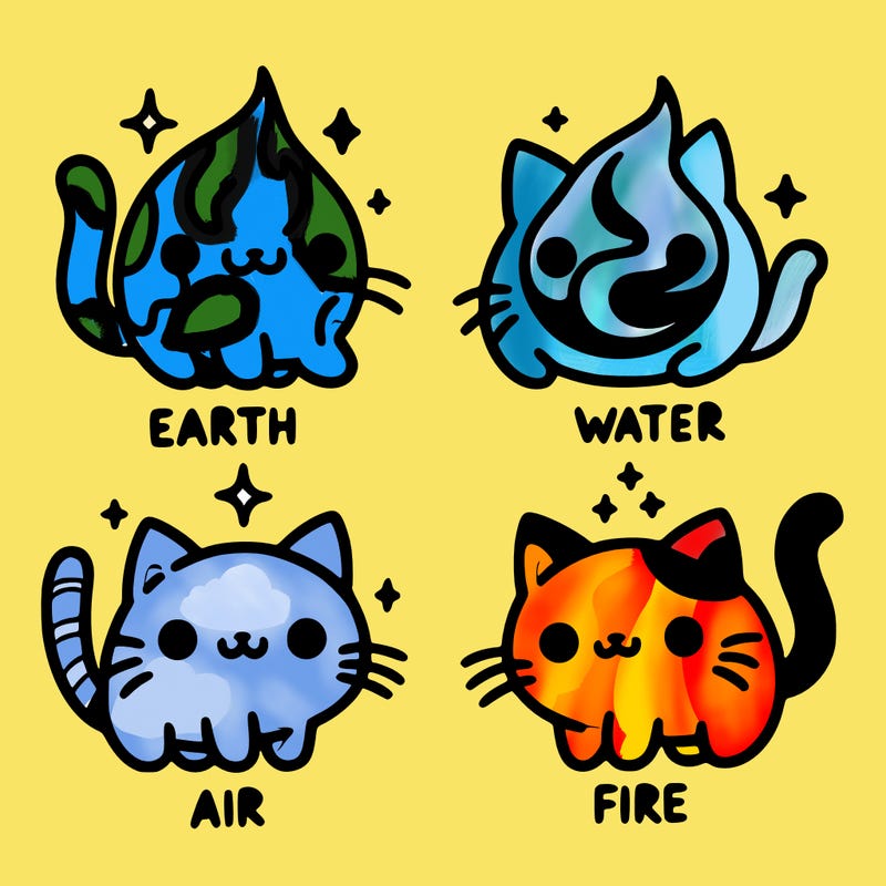 4 cats that represent the different elements, earth, water, air, and fire