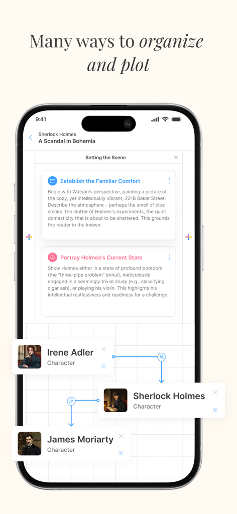 LivingWriter: Write Anywhere - LivingWriter mobile interface showing scene organization and character plotting for a novel