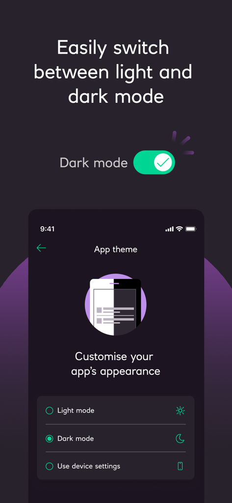 Isle of Man Bank - Interface of the Isle of Man Bank app showing the theme customization screen with options to select light mode or dark mode