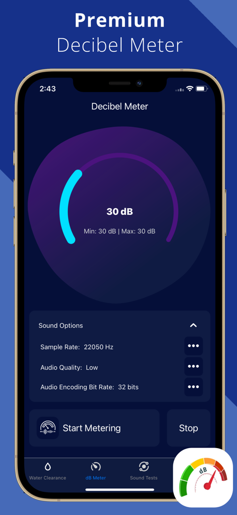 Water Eject Airpods: WaterDrop - Premium decibel meter screen in the WaterDrop app showing real-time sound level measurement and audio settings
