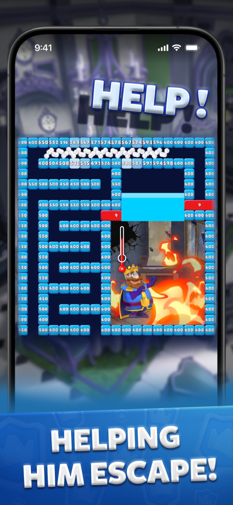 Bricks Royale - Mobile game screen showing Bricks Royale rescue mode with a king trapped in fire and breakable blue blocks.