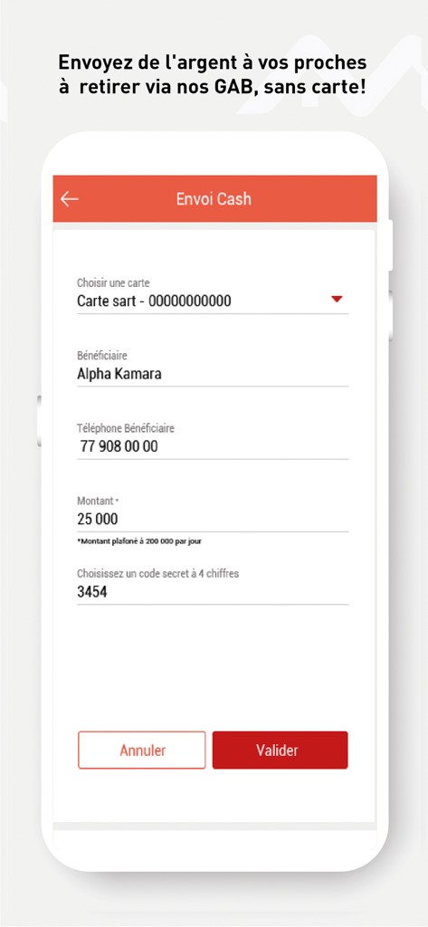 Interface da aplicação CBAO Mobile que mostra o formulário de transferência de dinheiro sem cartão para beneficiários