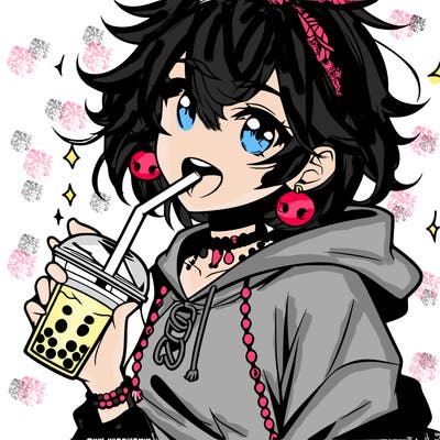 hot baddie anime girl drinking boba and biting the straw