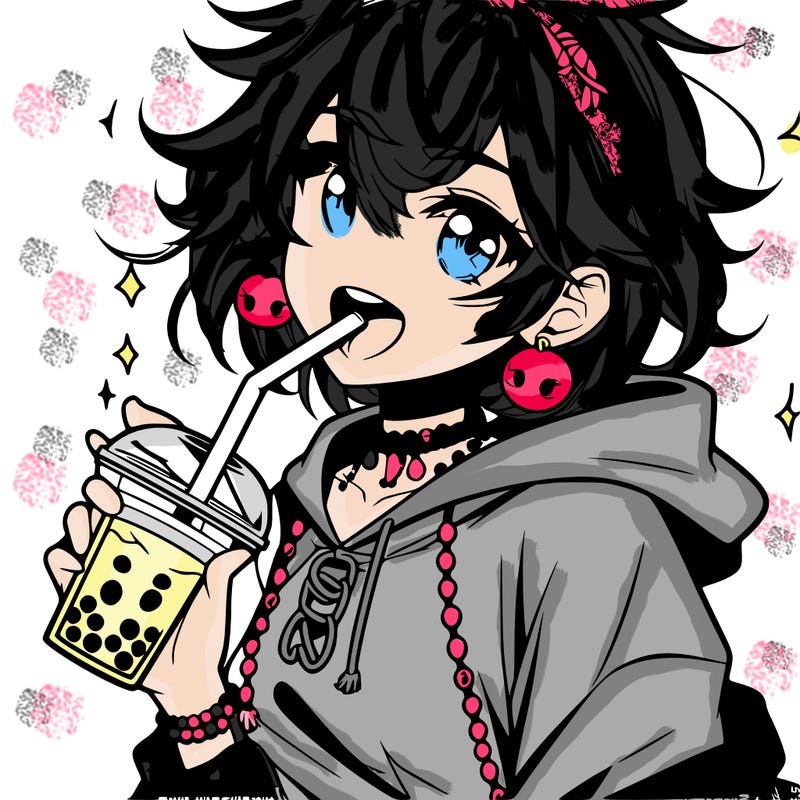 hot baddie anime girl drinking boba and biting the straw