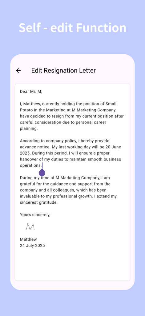 resignation letter -resign now - Interface of the Resign Now app showing a customizable resignation letter template with an electronic signature