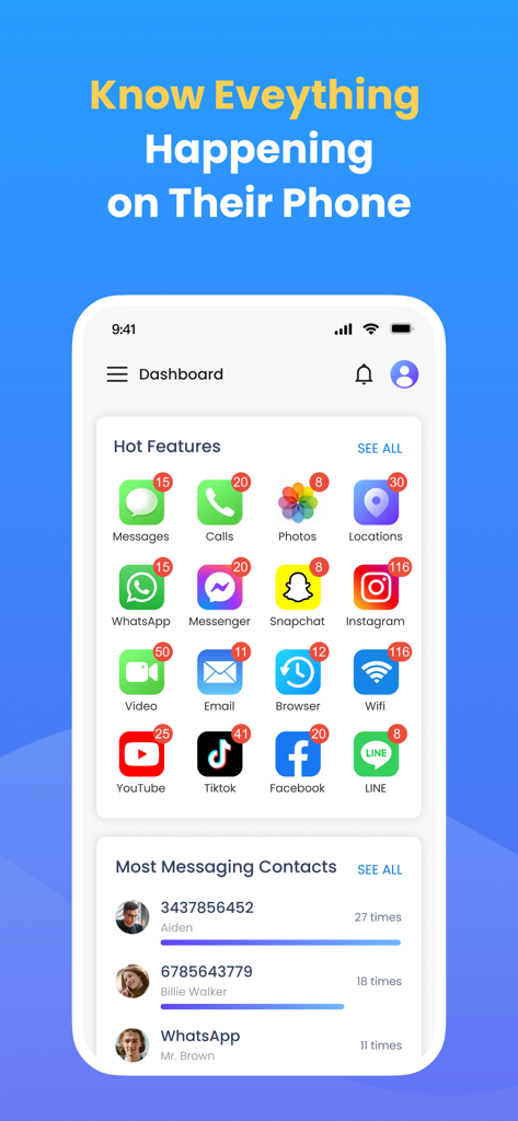 SpyX App-Dashboard, das verschiedene Telefonüberwachungsfunktionen anzeigt, einschließlich Social-Media-Tracking und Kontaktprotokolle für Nachrichten