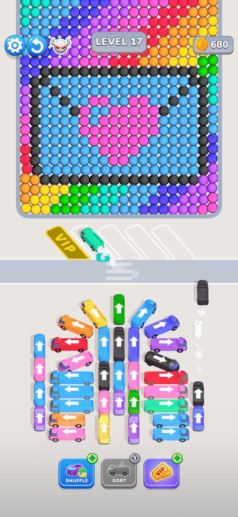 Bubble Bus gameplay showing a parking jam puzzle with colored buses and a bubble heart grid