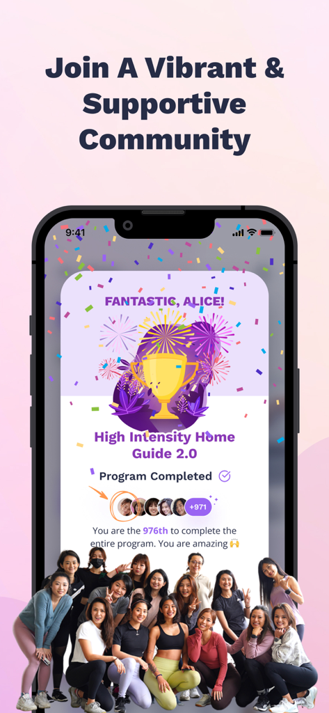 Nüli - Home & Gym Workouts - A screenshot of the Nuli app highlighting a supportive fitness community for women with a program completion screen.