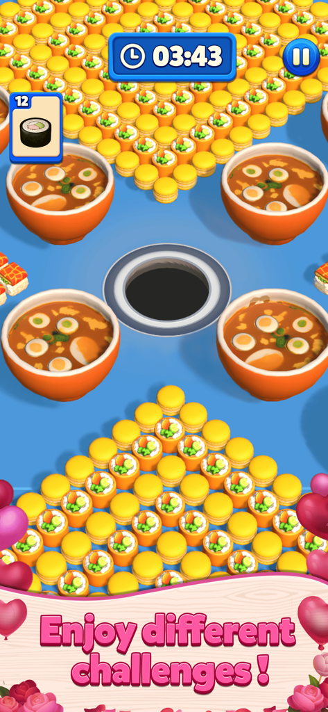 Hole Busters 3D - A black hole in the center of a screen surrounded by sushi and bowls of ramen in a food themed level of Hole Busters 3D.