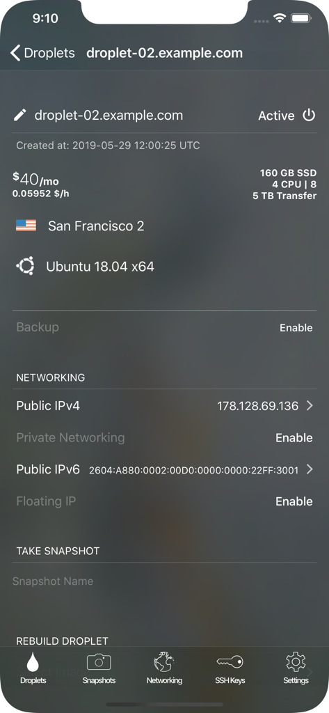 Manager for Digital Ocean - Droplet details screen in the Manager for Digital Ocean app showing server status and specifications